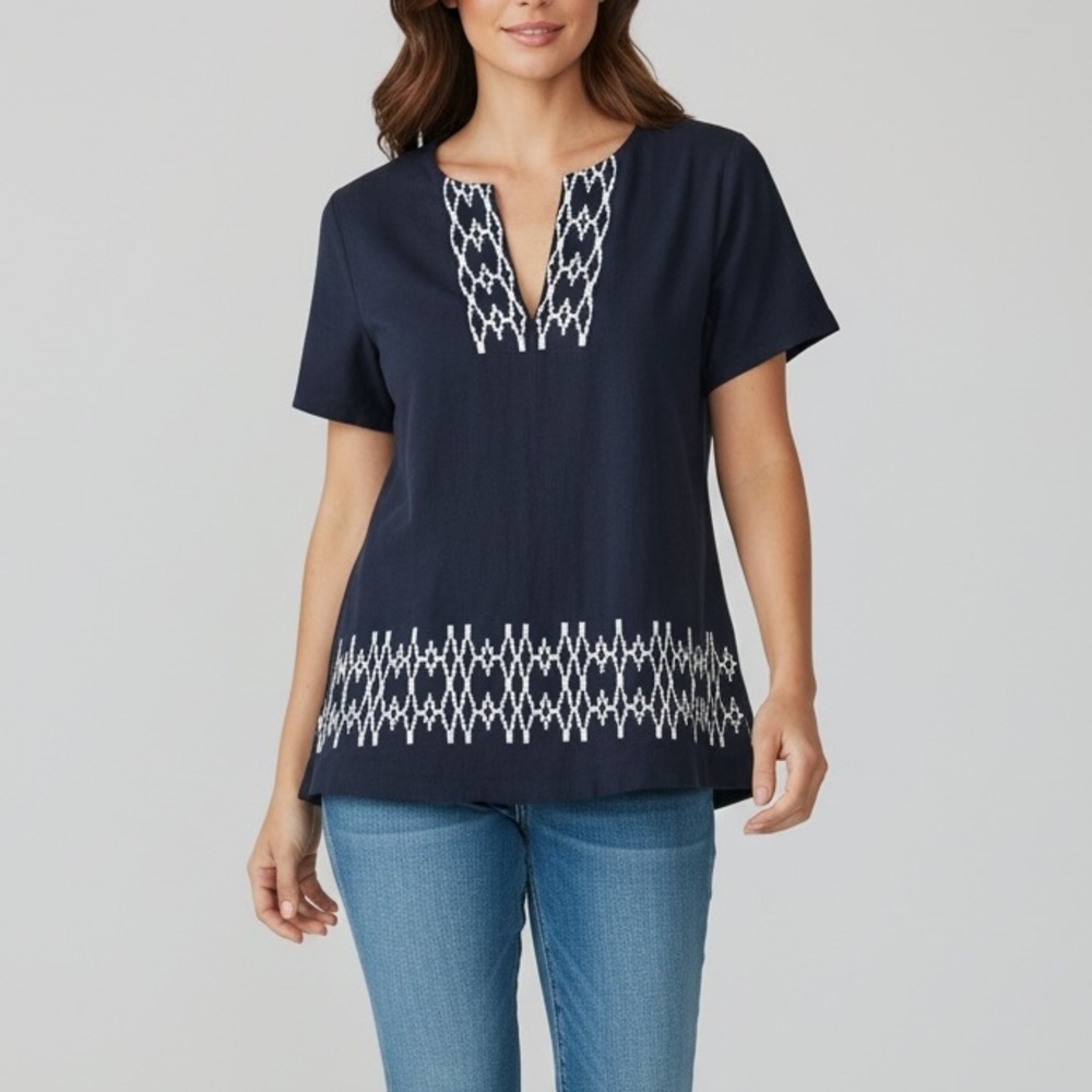 J Crew Women’s Navy Blue Embroidered‎ Boho Tunic Top Cotton XS